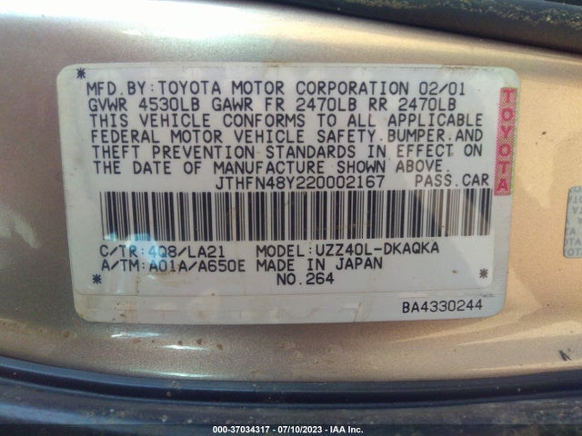 2002 LEXUS SC 430 VIN: JTHFN48Y220002167