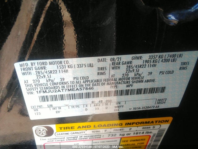 2021 FORD EXPEDITION LIMITED VIN: 1FMJU2AT7MEA57846