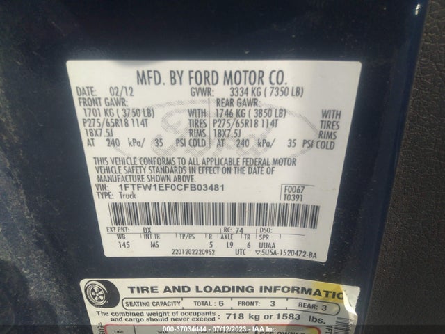 2012 FORD F-150 XL/XLT/FX4/LARIAT VIN: 1FTFW1EF0CFB03481