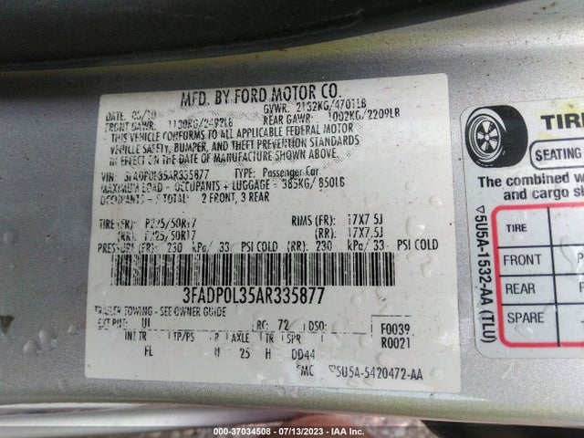 2010 FORD FUSION HYBRID VIN: 3FADP0L35AR335877