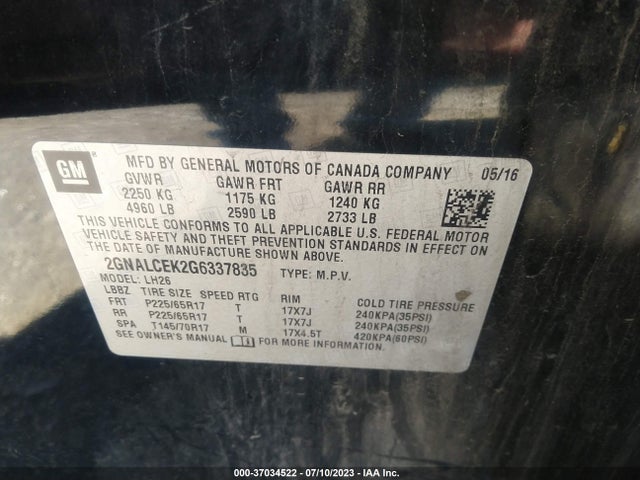 Chevrolet EQUINOX LT 2016 2GNALCEK2G6337835 Image 9