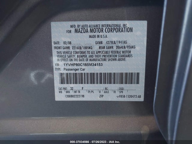 2008 MAZDA MAZDA6 I SPORT VE VIN: 1YVHP80C185M34153