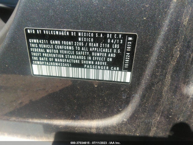 2013 VOLKSWAGEN JETTA SEDAN SE W/CONVENIENCE/SUNROOF VIN: 3VWDP7AJ8DM433451