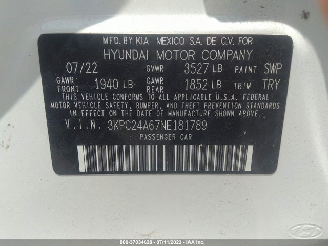 2022 HYUNDAI ACCENT SE VIN: 3KPC24A67NE181789