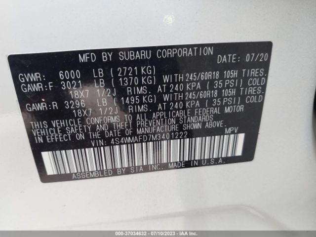 4S4WMAFD7M3401222 Subaru Ascent Premium