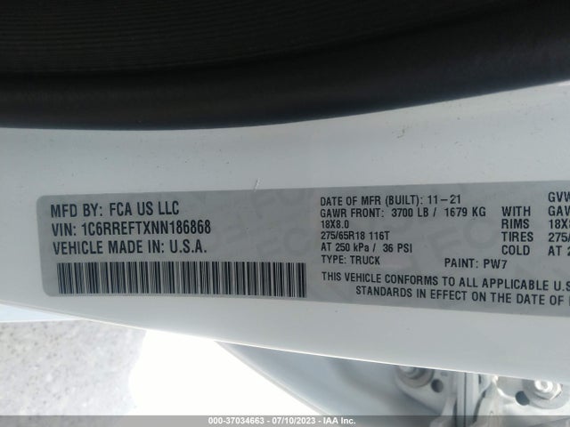 2022 RAM 1500 BIG HORN VIN: 1C6RREFTXNN186868