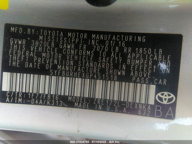Toyota Corolla L/le/s/s Plus/le Plus 2016 5YFBURHEXGP451518 Image 16