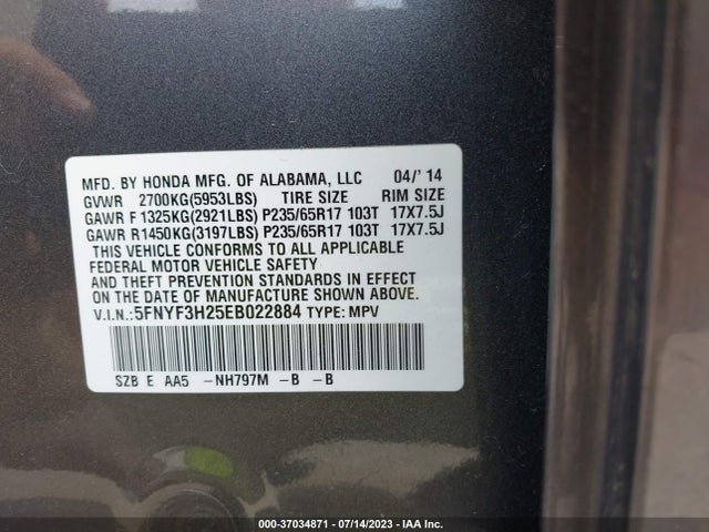 Honda PILOT LX 2014 5FNYF3H25EB022884 Image 9