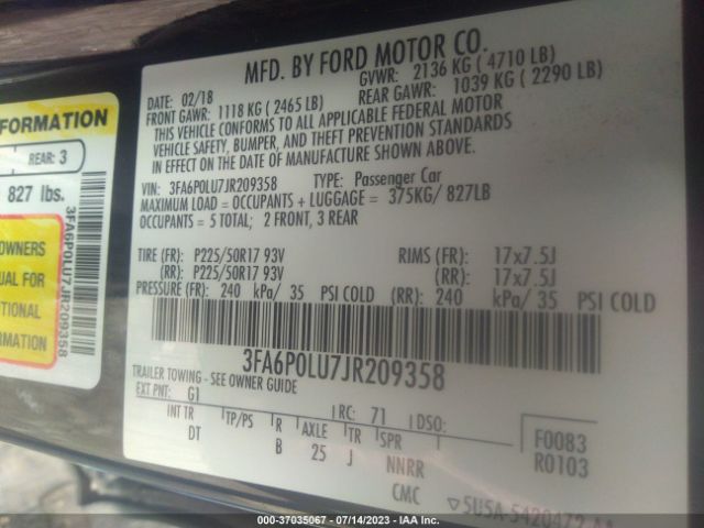 3FA6P0LU7JR209358 Ford Fusion Hybrid Se