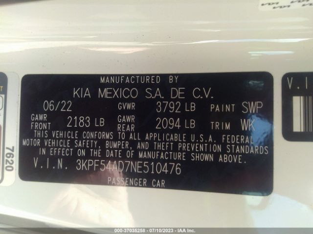 3KPF54AD7NE510476 KIA Forte Gt-line