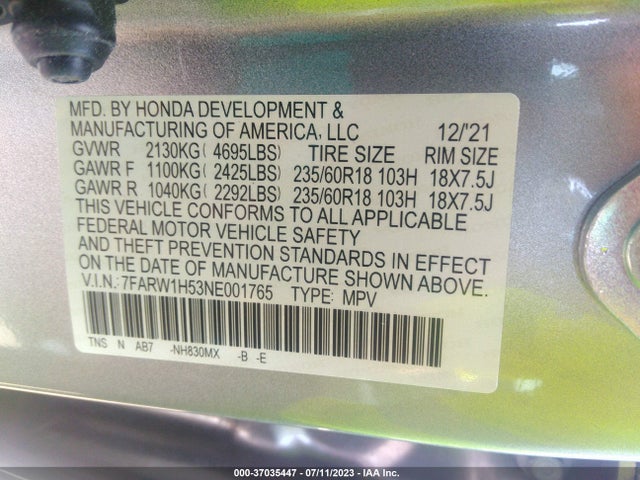 2022 HONDA CR-V EX VIN: 7FARW1H53NE001765