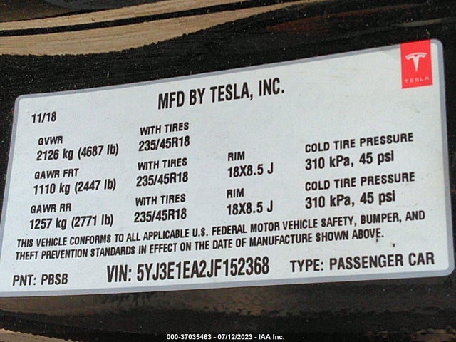 Tesla Model 3 Range Battery 2018 5YJ3E1EA2JF152368 Image 9