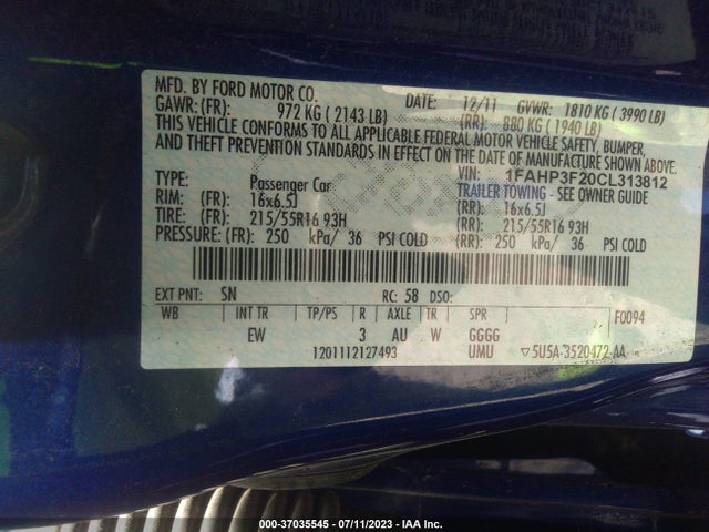 2012 FORD FOCUS SE VIN: 1FAHP3F20CL313812
