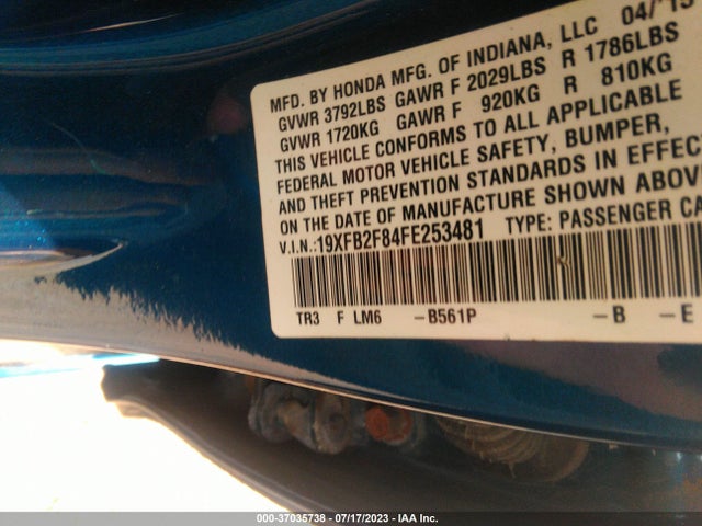 2015 HONDA CIVIC SEDAN EX VIN: 19XFB2F84FE253481