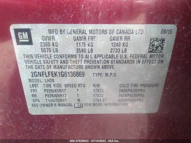 Chevrolet EQUINOX LT 2016 2GNFLFEK1G6136869 Image 16
