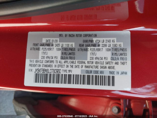 2020 MAZDA CX-5 SPORT VIN: JM3KFBBM8L0780960
