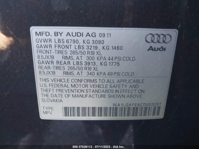2012 AUDI Q7 3.0T PREMIUM PLUS VIN: WA1LGAFE5CD003257