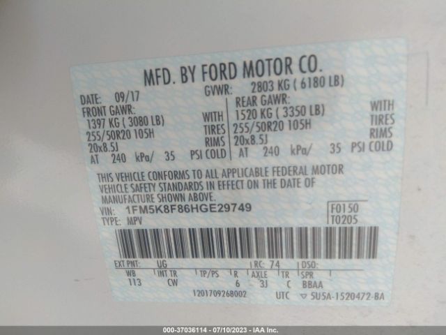 1FM5K8F86HGE29749 Ford Explorer Limited