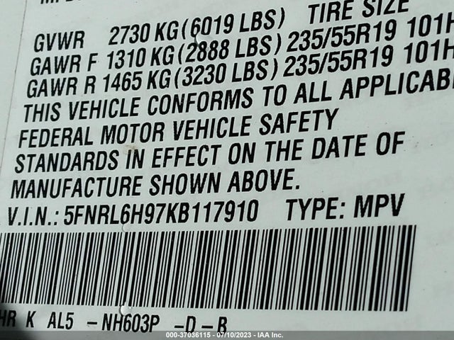 Honda Odyssey Elite 2019 5FNRL6H97KB117910 Image 9