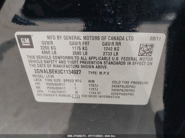 2012 CHEVROLET EQUINOX LS VIN: 2GNALBEK9C1134927