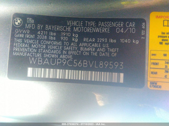2011 BMW 1 SERIES 128I VIN: WBAUP9C56BVL89593