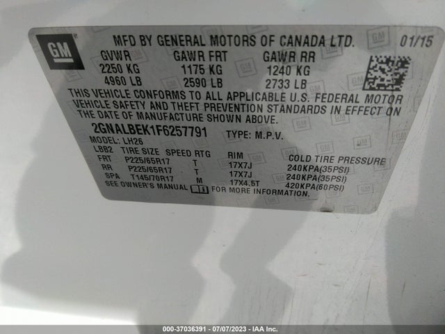 Chevrolet EQUINOX LT 2015 2GNALBEK1F6257791 Image 9