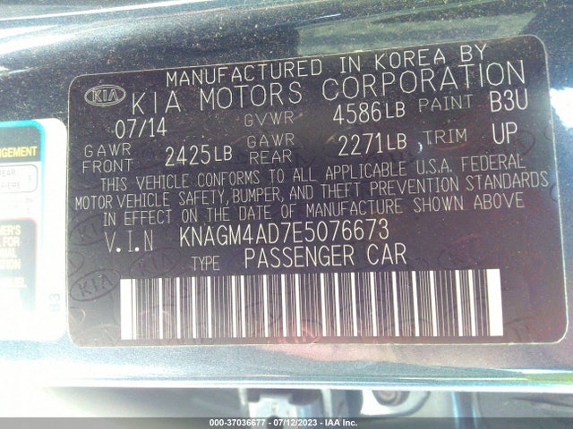 37036677 :رقم المزاد ، KNAGM4AD7E5076673 vin ، 2014 Kia Optima Hybrid Lx مزاد بيع