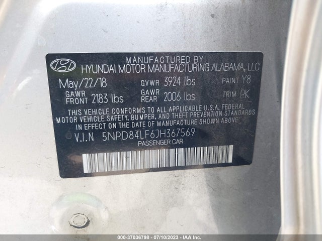 2018 HYUNDAI ELANTRA SEL VIN: 5NPD84LF6JH367569