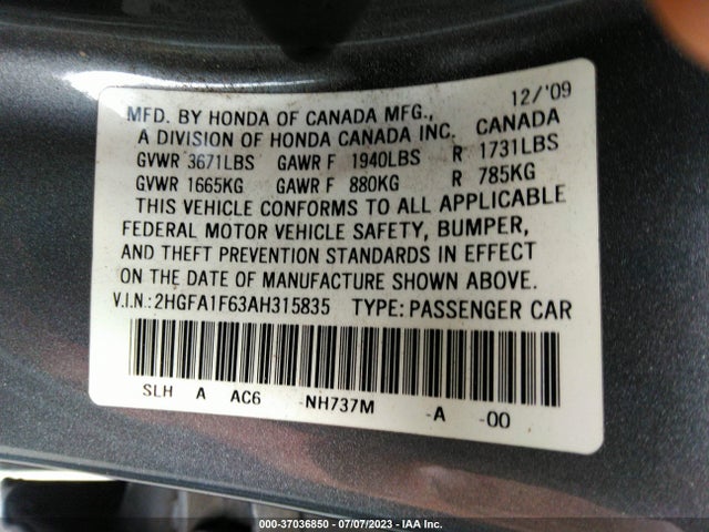2010 HONDA CIVIC SDN LX-S VIN: 2HGFA1F63AH315835