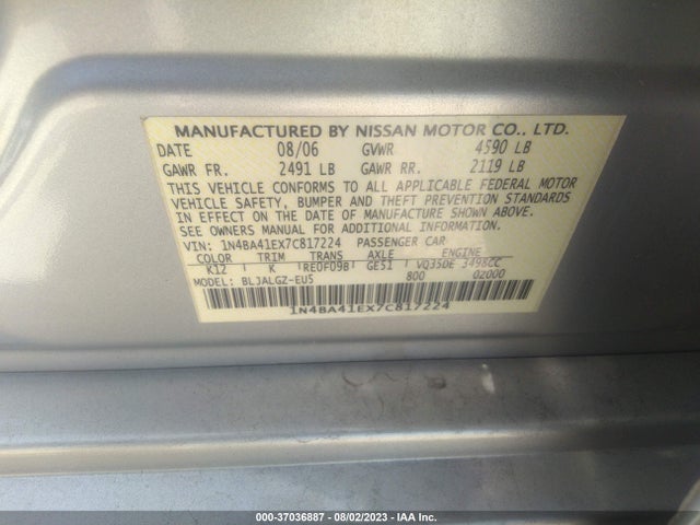 2007 NISSAN MAXIMA 3.5 SL VIN: 1N4BA41EX7C817224
