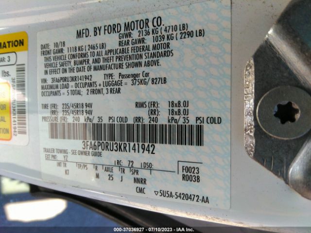 3FA6P0RU3KR141942 Ford Fusion Hybrid Titanium