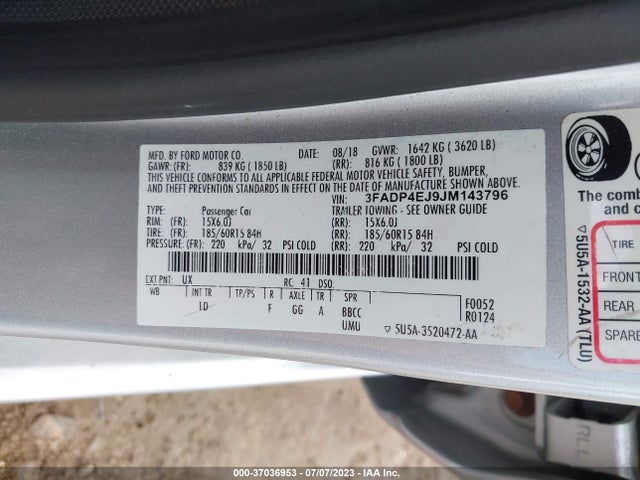 2018 FORD FIESTA SE VIN: 3FADP4EJ9JM143796