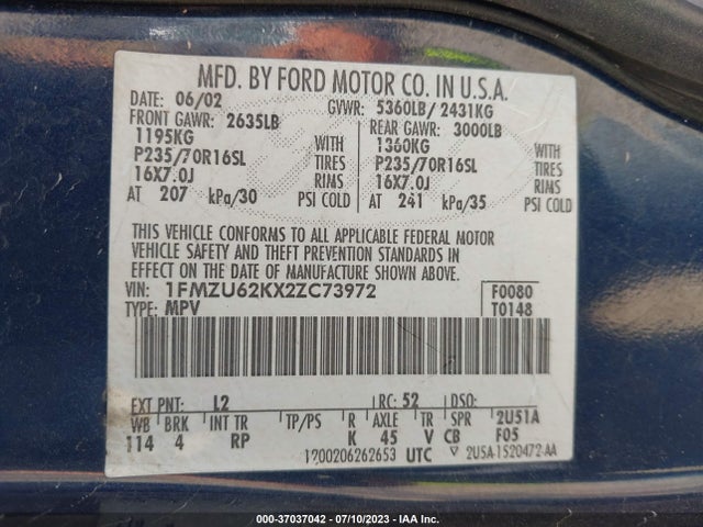 2002 FORD EXPLORER XLS VIN: 1FMZU62KX2ZC73972