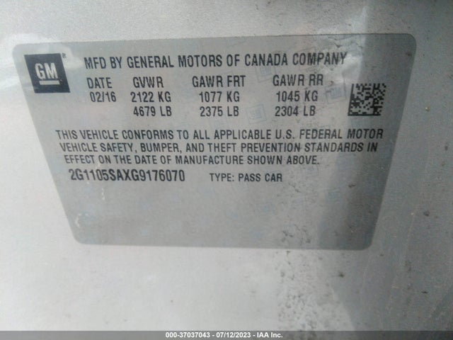 2016 CHEVROLET IMPALA LT VIN: 2G1105SAXG9176070