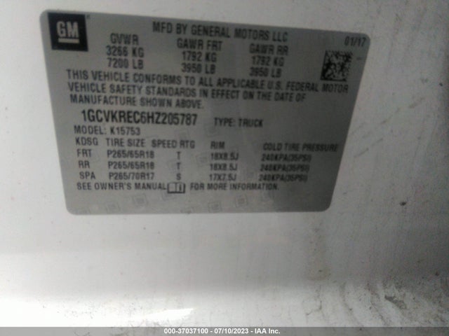 2017 CHEVROLET SILVERADO 1500 LT VIN: 1GCVKREC6HZ205787