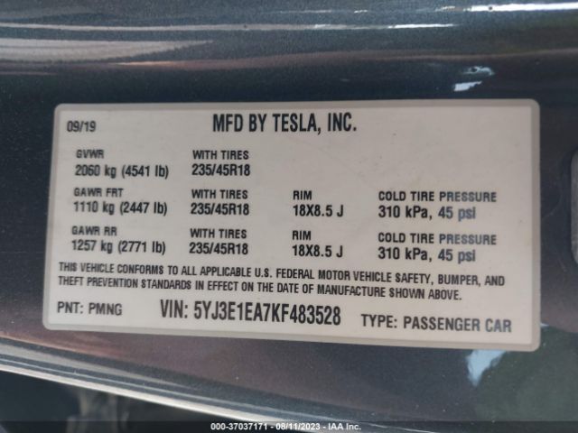 5YJ3E1EA7KF483528 Tesla Model 3 Range