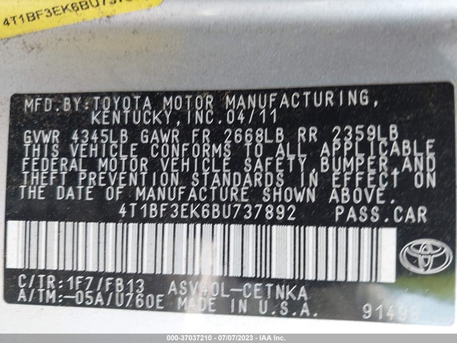 2011 TOYOTA CAMRY VIN: 4T1BF3EK6BU737892