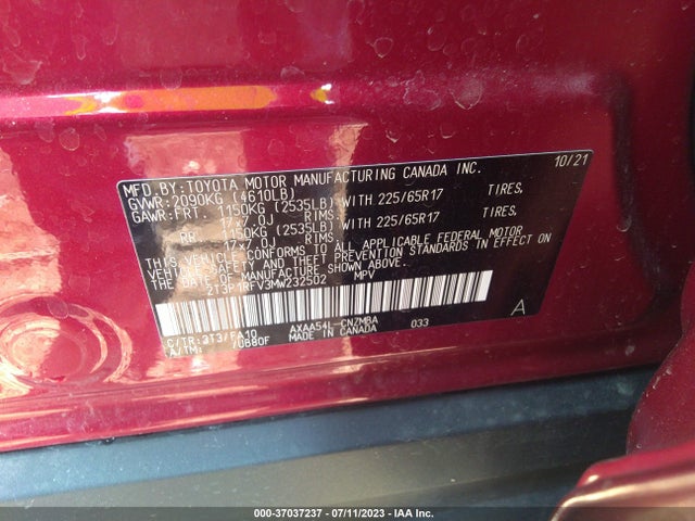 2021 TOYOTA RAV4 XLE VIN: 2T3P1RFV3MW232502