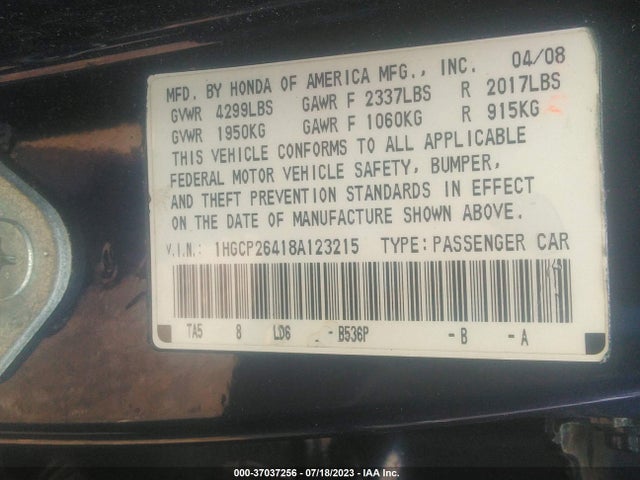 2008 HONDA ACCORD SDN LX-P VIN: 1HGCP26418A123215