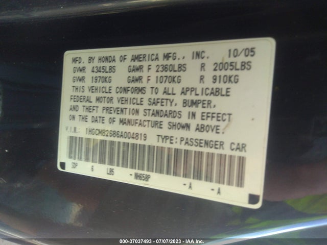 2006 HONDA ACCORD CPE EX-L V6 VIN: 1HGCM82686A004819