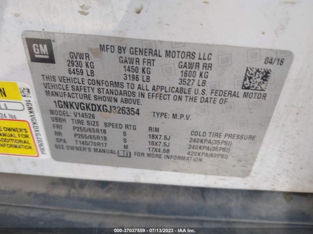 1GNKVGKDXGJ326354 Chevrolet Traverse 1lt