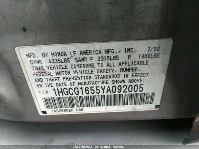 2000 HONDA ACCORD SDN 1HGCG1655YA092005 Photo 8