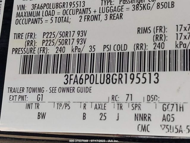 3FA6P0LU8GR195513 Ford Fusion Se Hybrid
