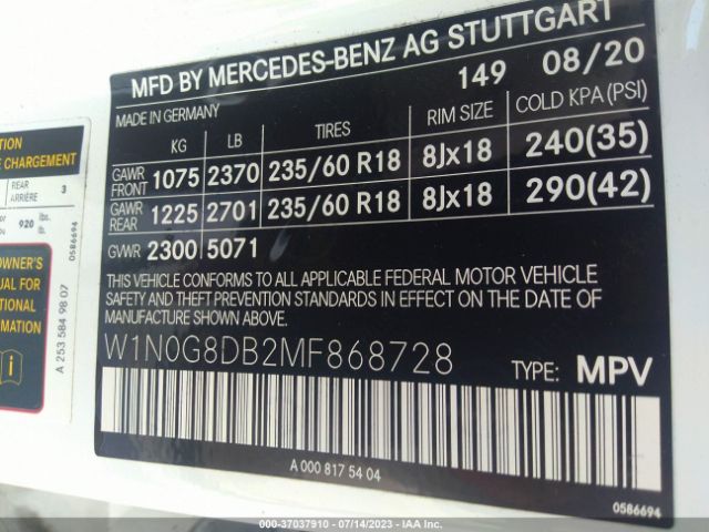 W1N0G8DB2MF868728 Mercedes-Benz Glc Glc 300
