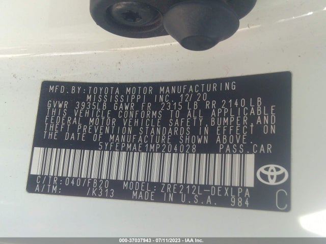 2021 TOYOTA COROLLA LE VIN: 5YFEPMAE1MP204028