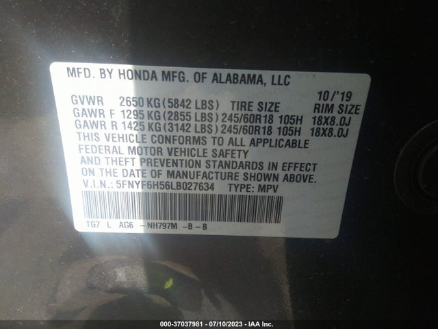 Honda Pilot Ex-l 2020 5FNYF6H56LB027634 Image 9