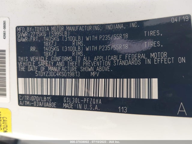 Toyota Sienna Xle Auto Access 2019 5TDYZ3DC4KS019813 Image 9