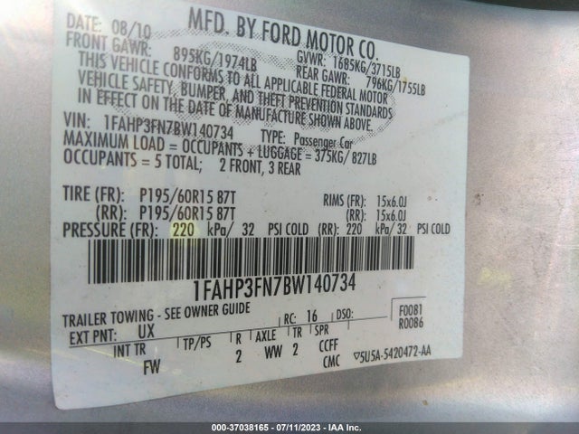 2011 FORD FOCUS SE VIN: 1FAHP3FN7BW140734