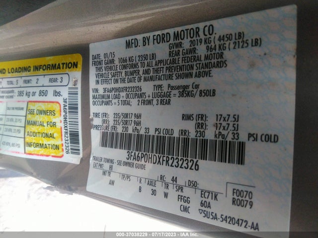 2015 FORD FUSION SE VIN: 3FA6P0HDXFR232326