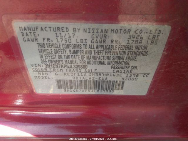 3N1CN7AP5JL839880 Nissan Versa Sedan S Plus